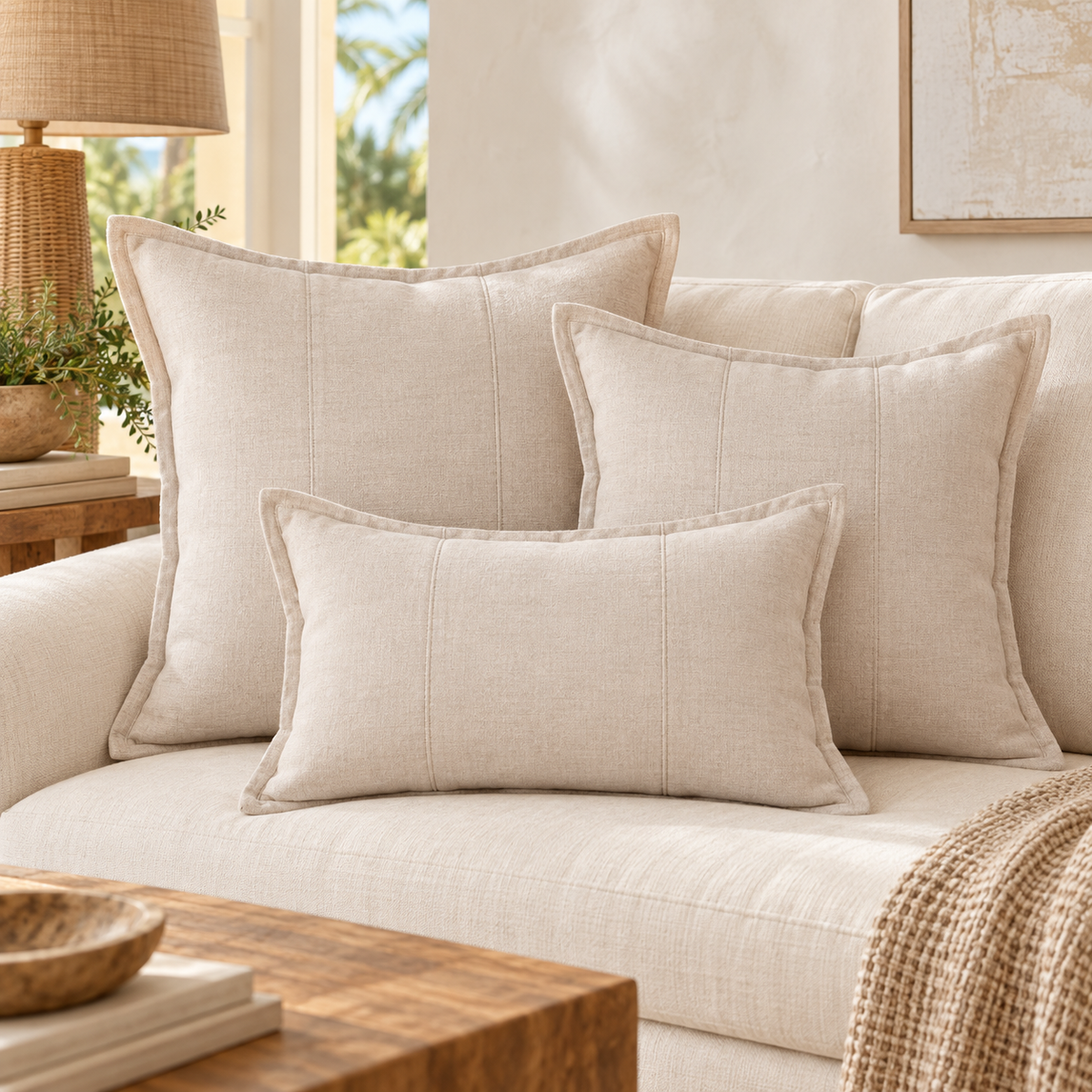 Mikaela natural linen pillow cover with stitched edge