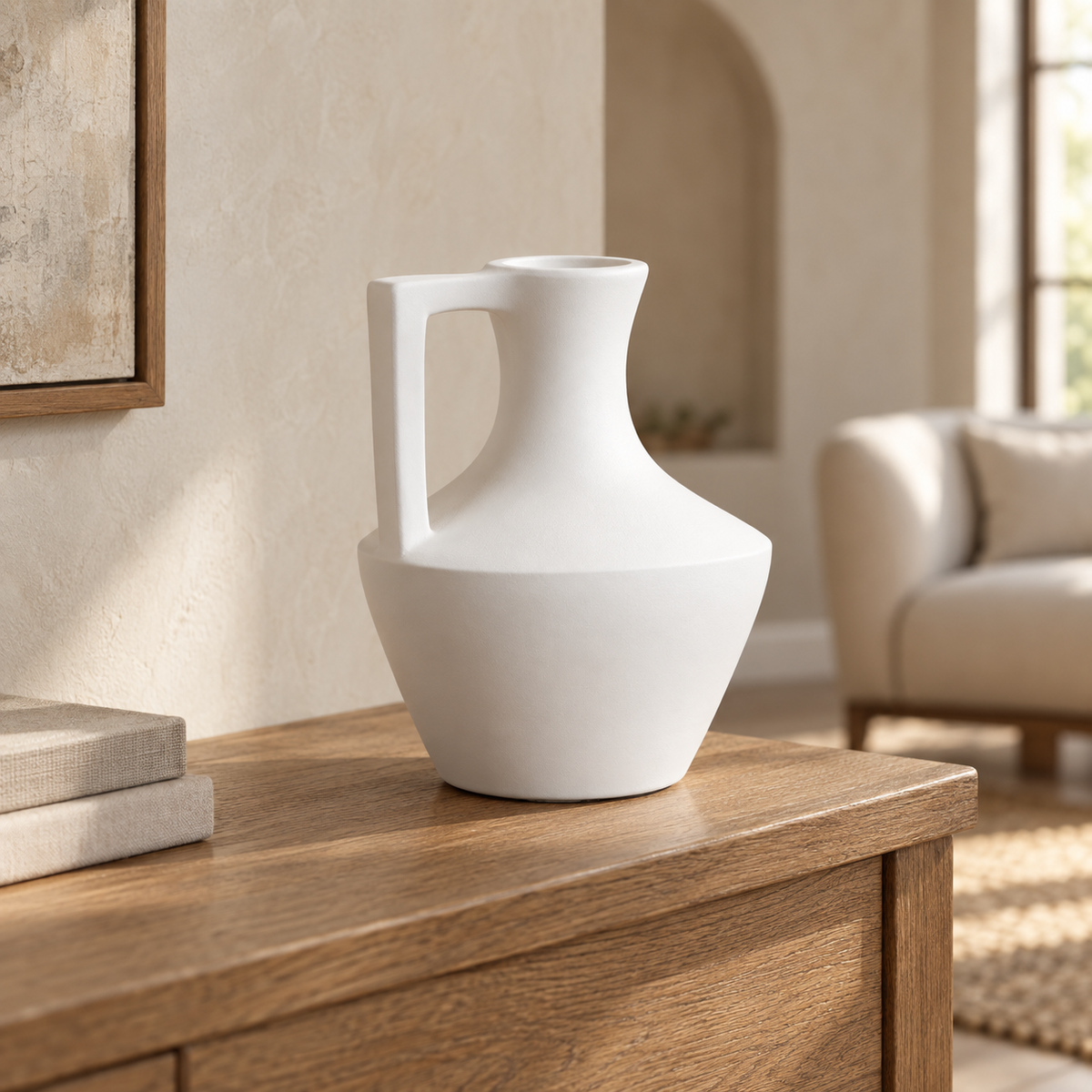 Milana handcrafted white clay vase with a matte finish and integrated sculptural handle