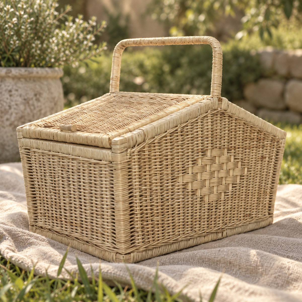 Handwoven Narnia rattan picnic basket shown in close-up, highlighting its natural woven texture and artisanal details.