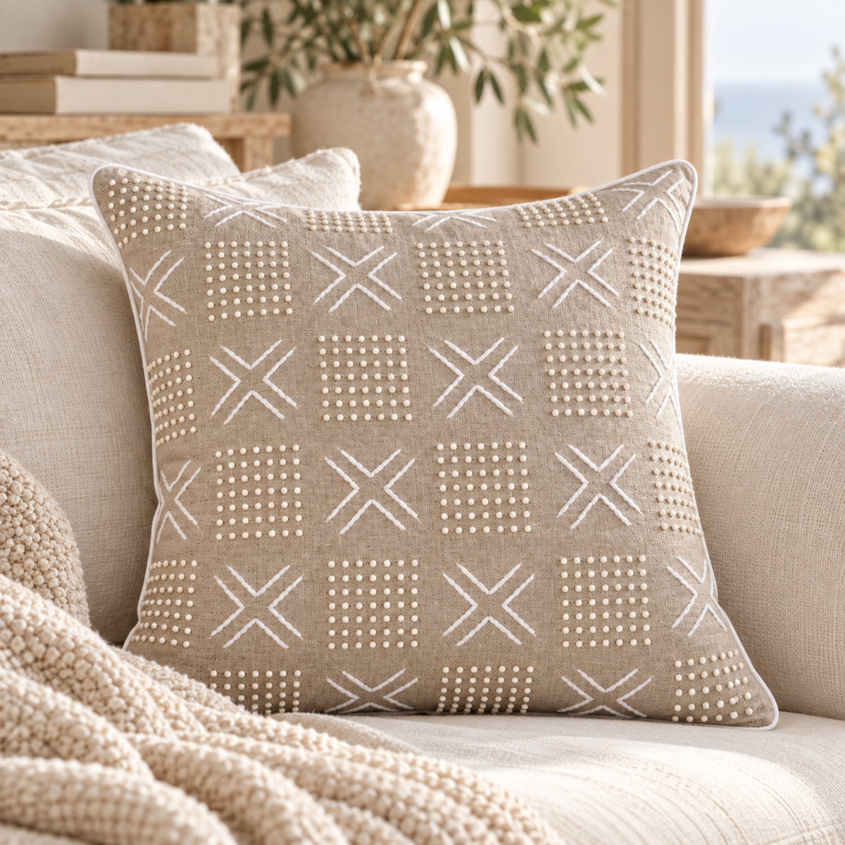 Natural Mudcloth beaded and embroidered linen pillow cover