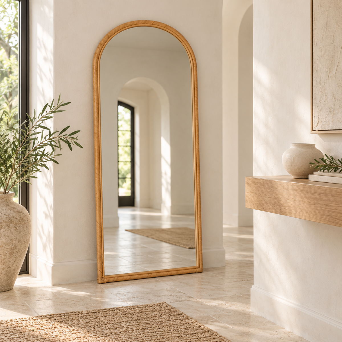 Oslo Rattan Floor Mirror – Arched Full-Length Mirror