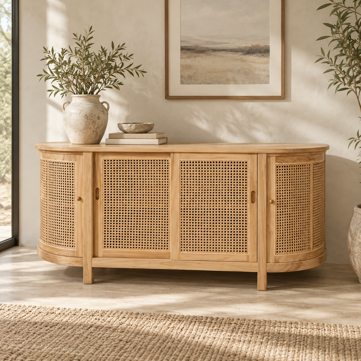 Oslo handwoven rattan sideboard with curved ends and a natural teak frame in a premium organic modern living room.