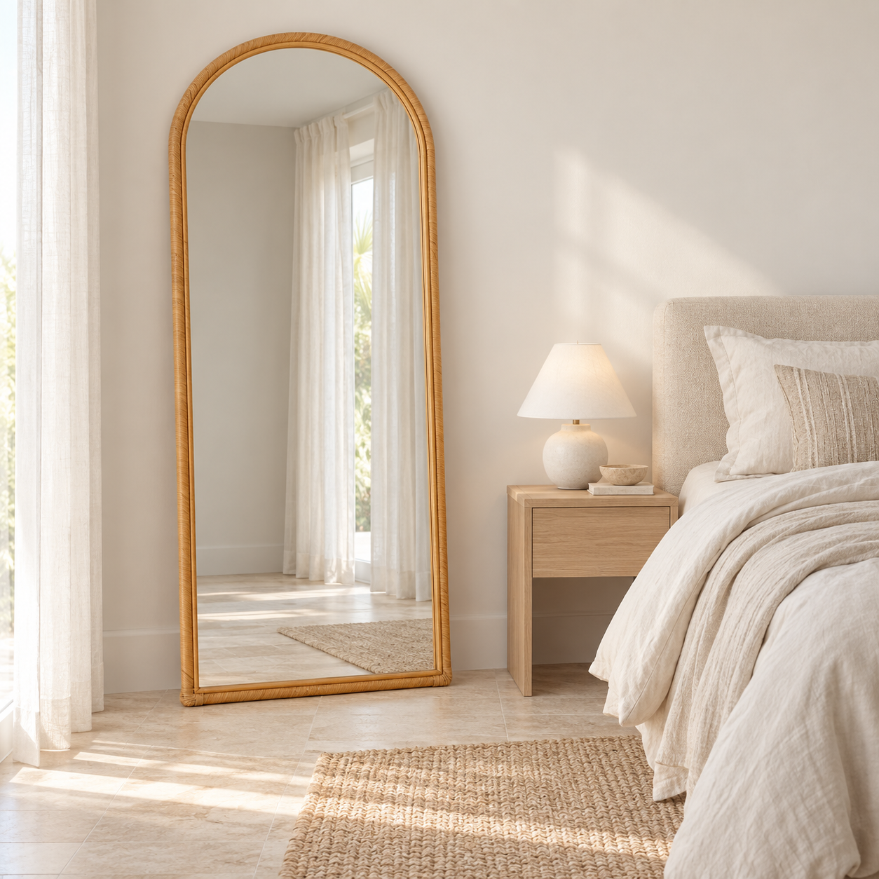 Oslo Rattan Floor Mirror – Arched Full-Length Mirror