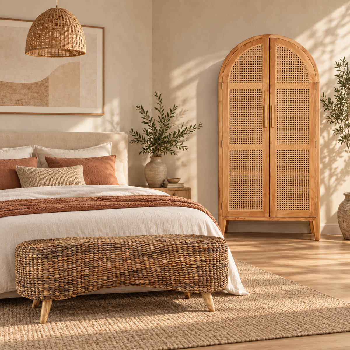Oslo Arched Teak Cabinet with Handwoven Rattan Doors