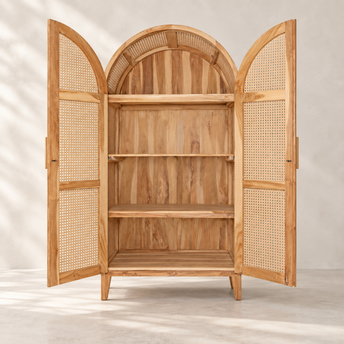 Oslo Arched Teak Cabinet with Handwoven Rattan Doors