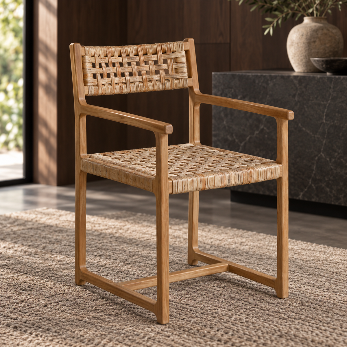 Palmer solid teak dining armchair with handwoven natural fiber seat and backrest in a premium interior