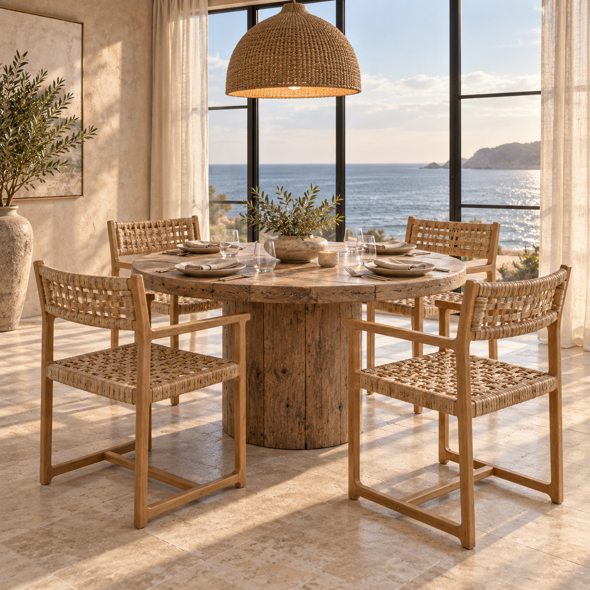 Palmer Solid Teak & Handwoven Natural Fiber Dining Armchair