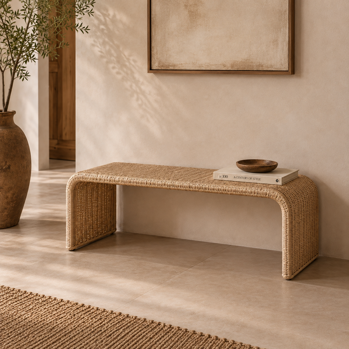 Paola Handwoven Rattan & Hardwood Bench – Indoor & Covered Outdoor Seating