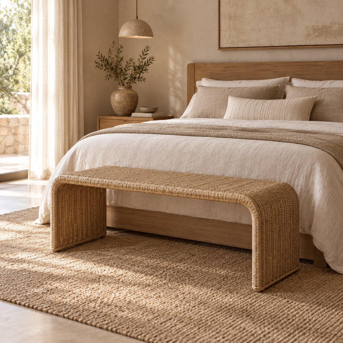 Paola Handwoven Rattan & Hardwood Bench – Indoor & Covered Outdoor Seating