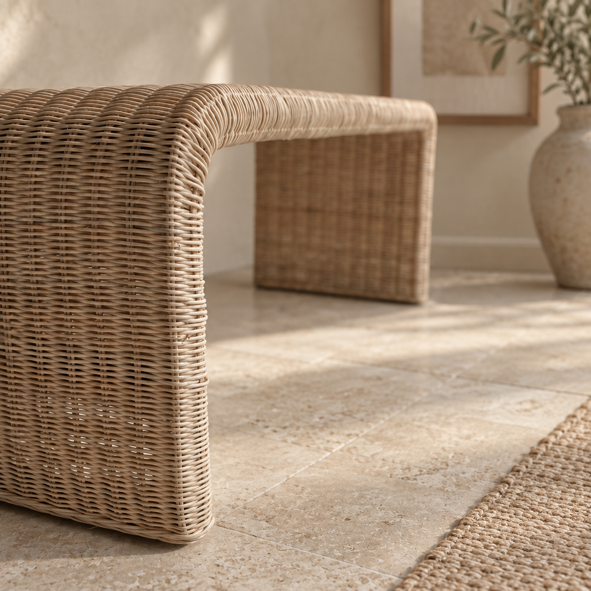 Paola Handwoven Rattan & Hardwood Bench – Indoor & Covered Outdoor Seating