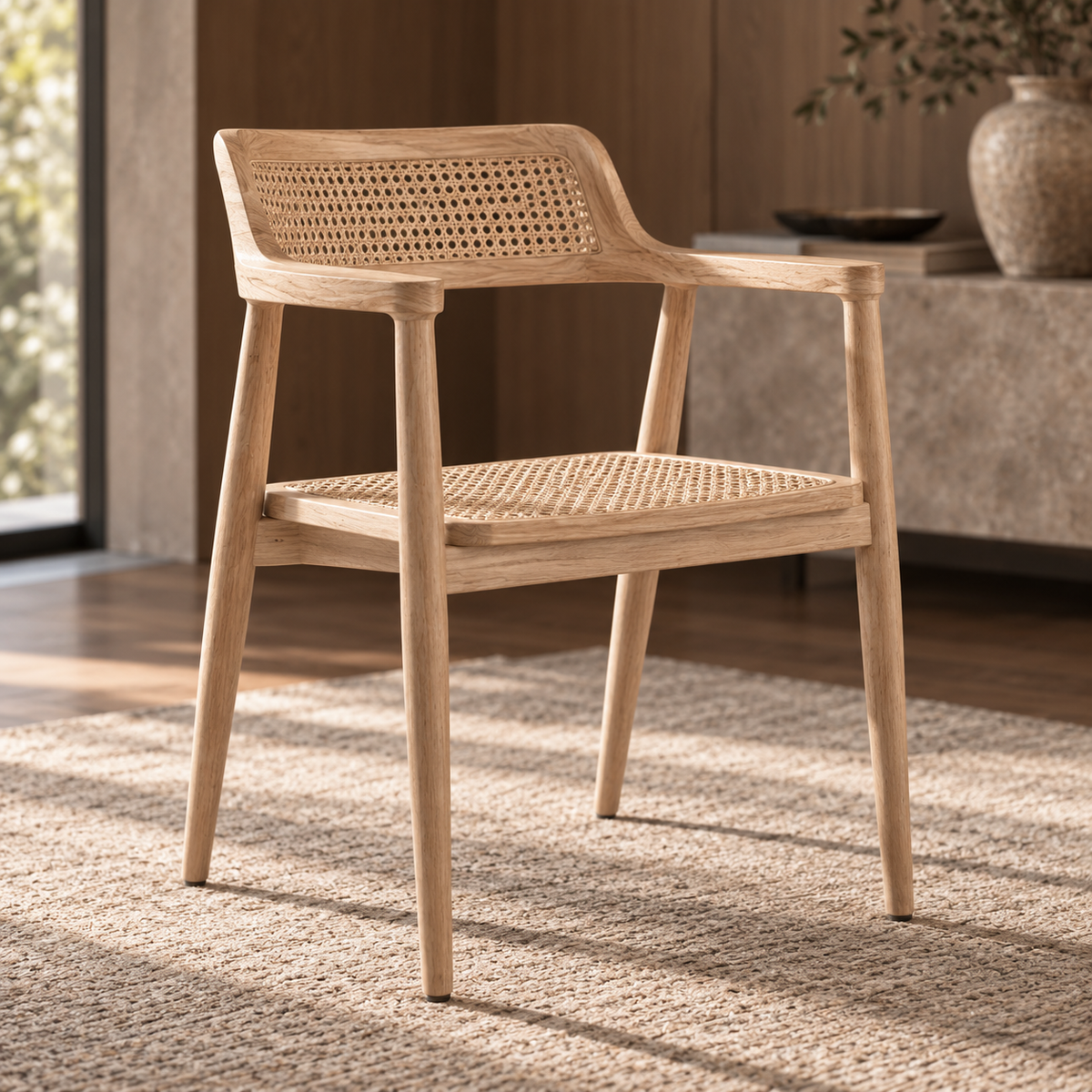 Pasha natural solid wood dining armchair with woven cane seat and curved backrest