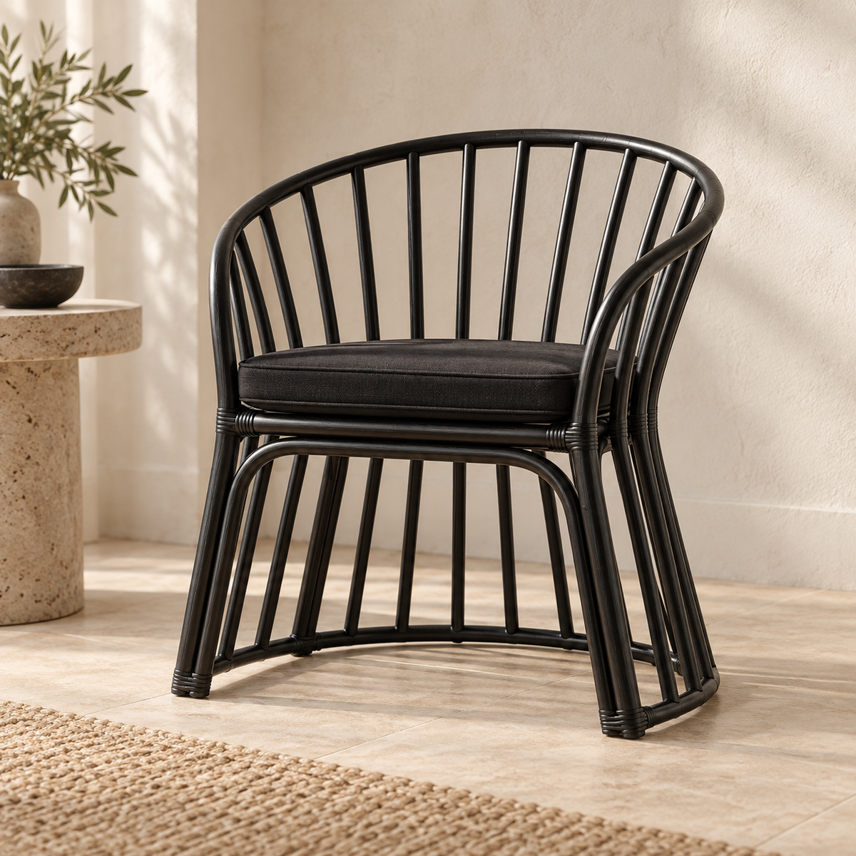 Perla Rattan Accent Chair with Cushion – Black