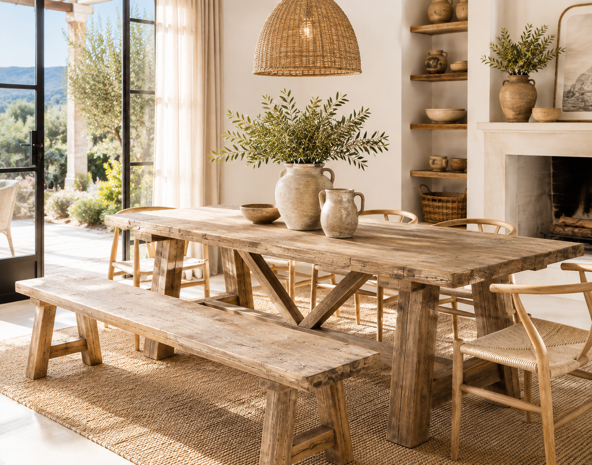 Portia Reclaimed Teak Dining Table – Mediterranean Trestle Design