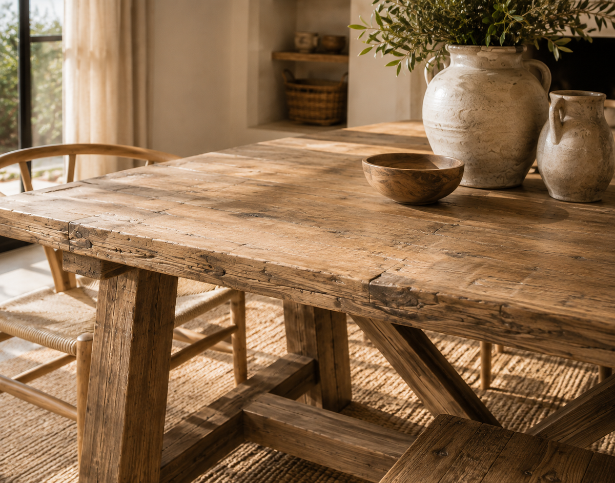 Portia Reclaimed Teak Dining Table – Mediterranean Trestle Design