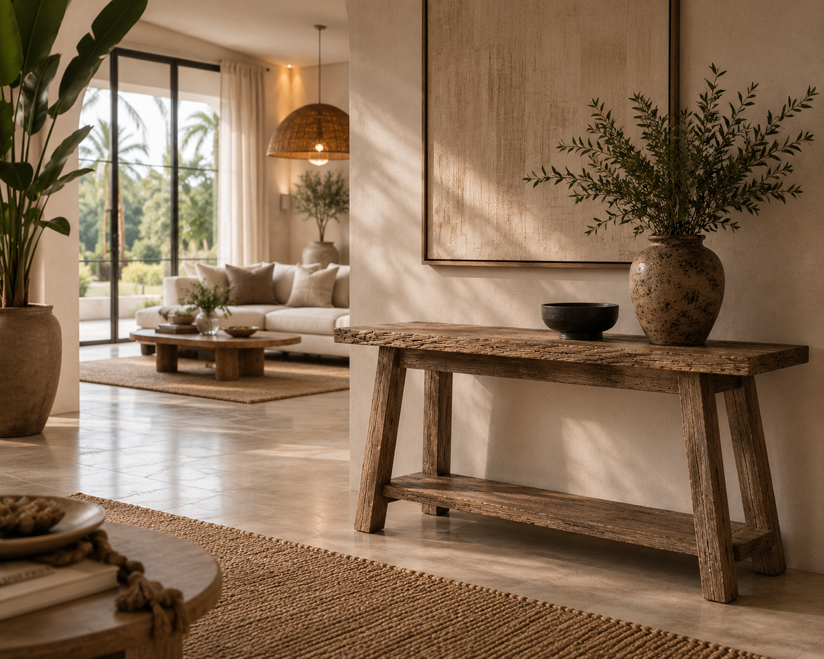 Priya Reclaimed Teak Console Table – Handcrafted Organic Modern Design