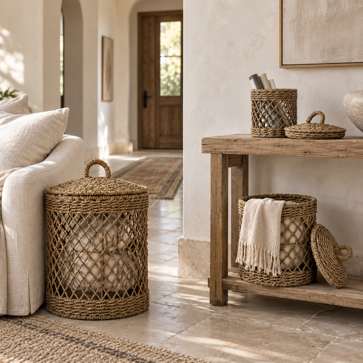 Rara handwoven natural fiber storage baskets in three sizes styled throughout an organic rustic living room.