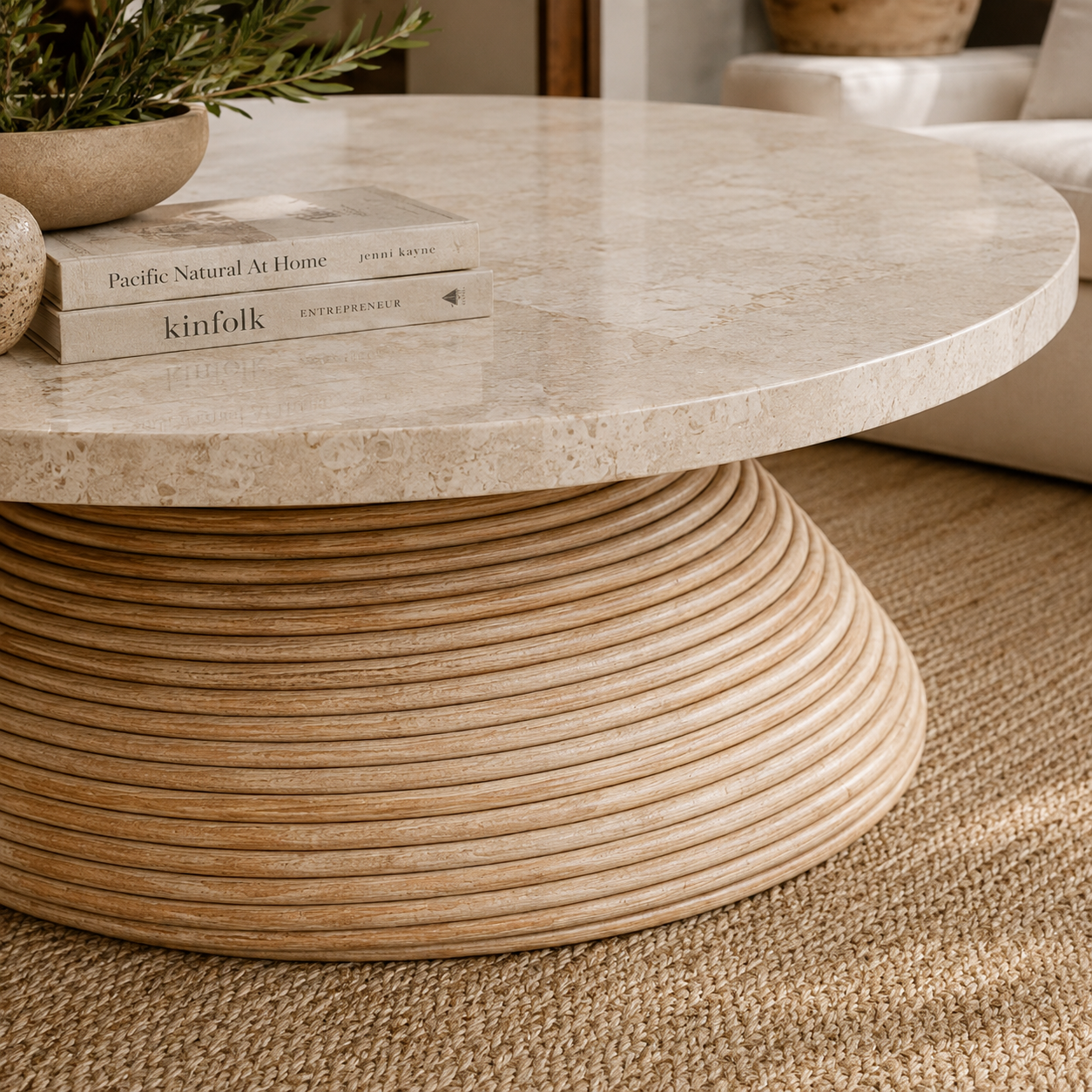 Santiago Sculptural Rattan & Marble Coffee Table