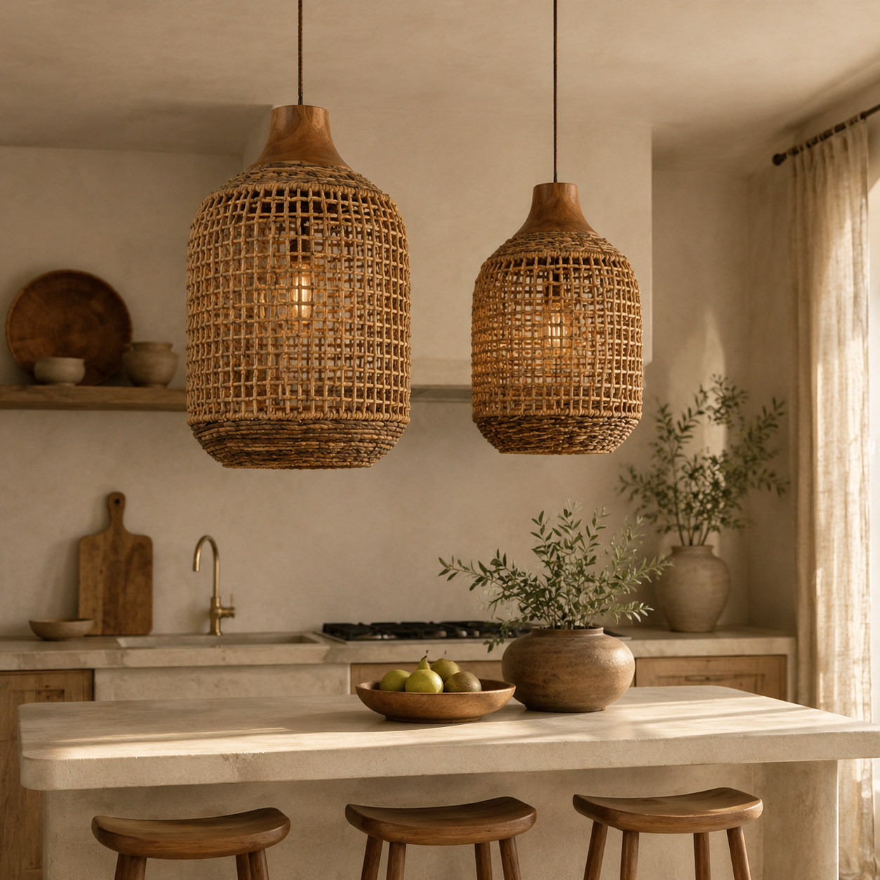 Serena Handwoven Abaca Pendant Light with Teak Crown