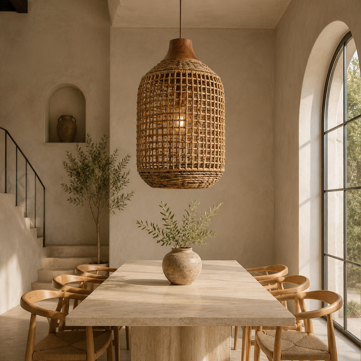 Serena Handwoven Abaca Pendant Light with Teak Crown
