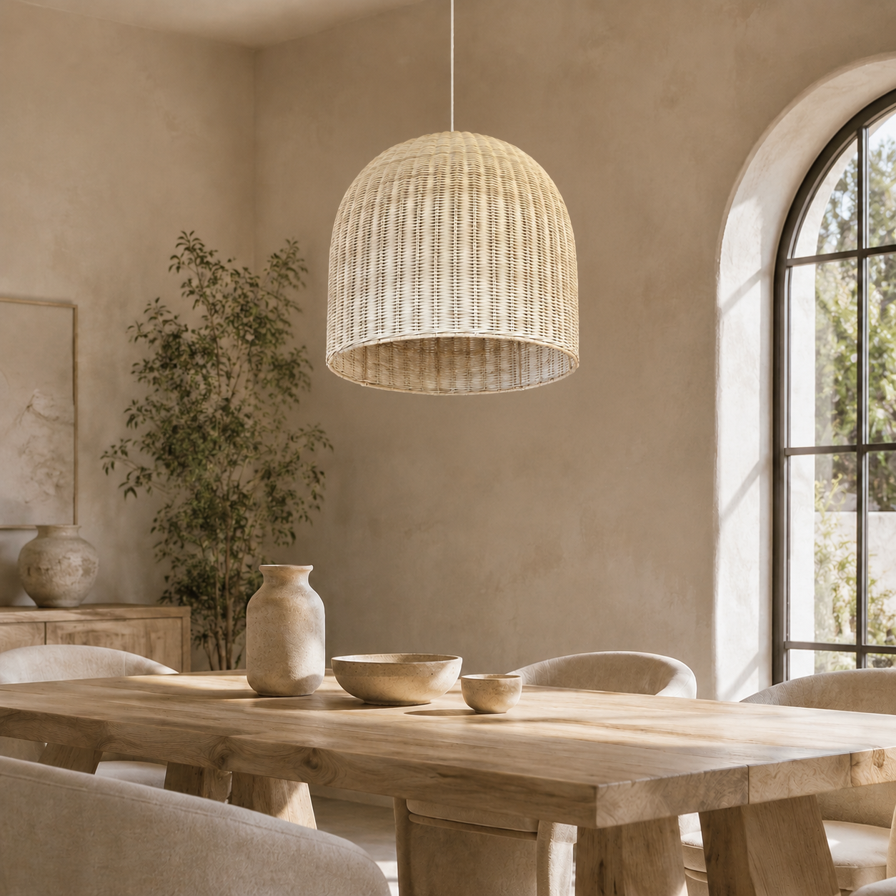 Elsyan Whitewashed Rattan Dome Lampshade | Handwoven