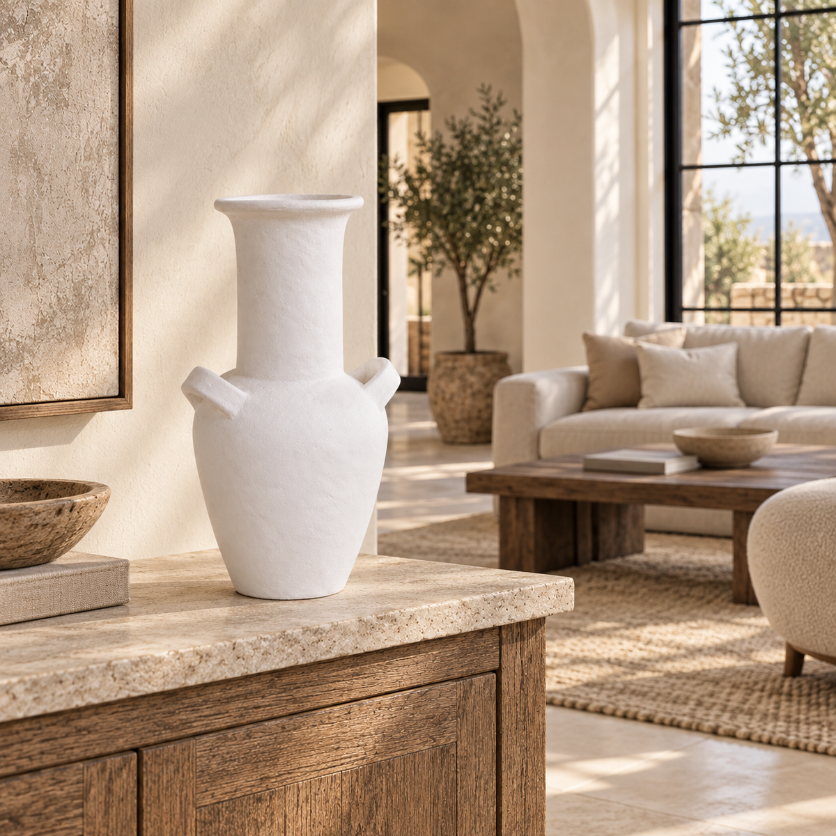 Tulum Tall Handcrafted Clay Vase – White Artisan Vessel