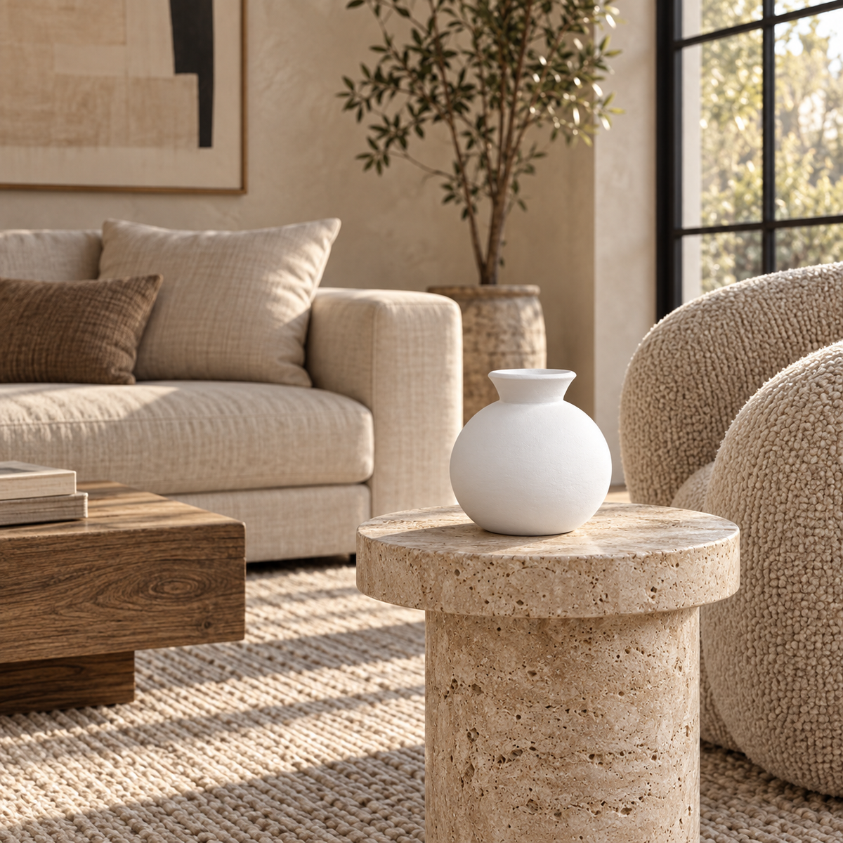 Tulum Round Handcrafted Clay Vase – White Artisan Pot