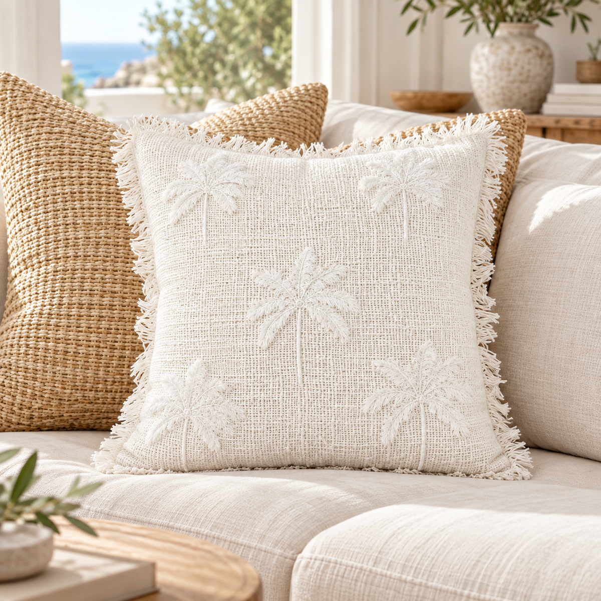 White Nora handmade cotton palm cluster pillow cover with fringed edge