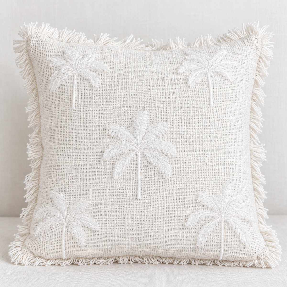 White Nora Handmade Cotton Palm Cluster Pillow Cover