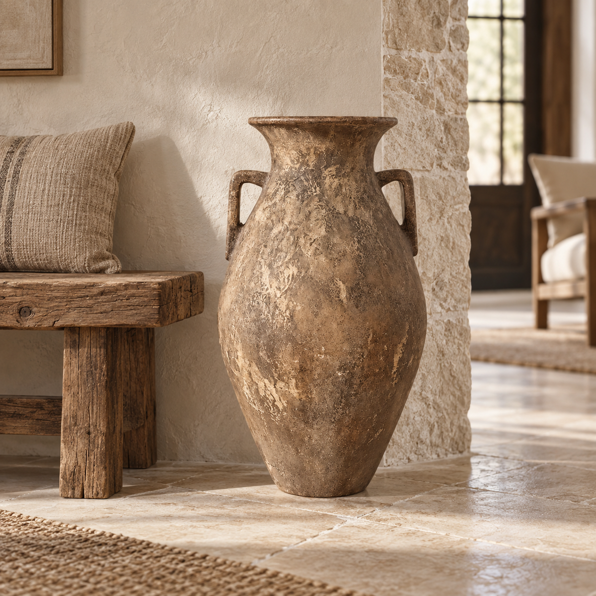Zane hand-painted antique clay amphora vase with two handles in a rustic modern stone interior