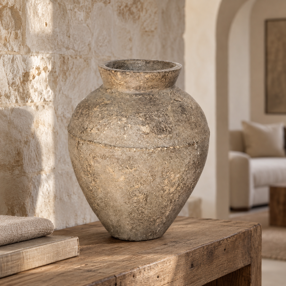 Zaiden hand-painted clay vase with a rounded silhouette and weathered stone patina
