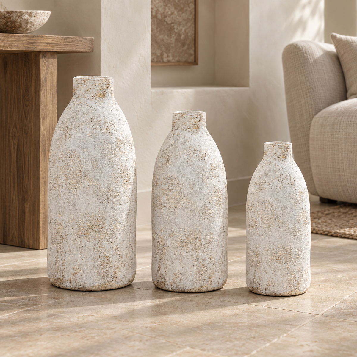 Zeus Tall antique white clay vase with a slender silhouette and distressed hand-painted finish