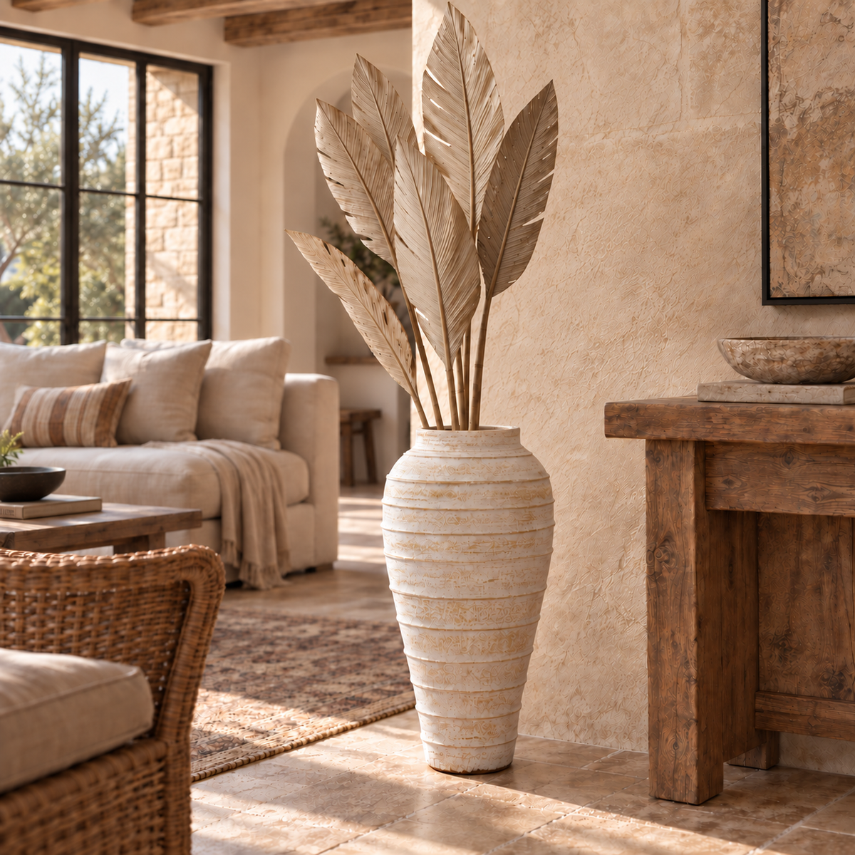 Zola Handcrafted Clay Floor Vase – Textured White Finish