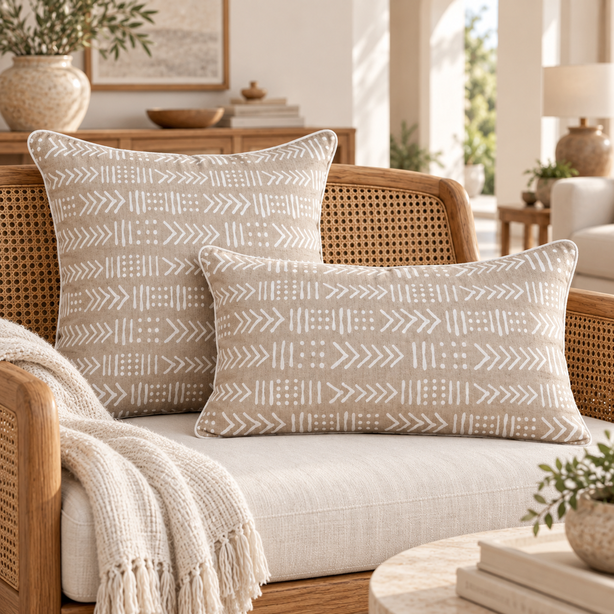 Zulu white geometric print linen pillow covers